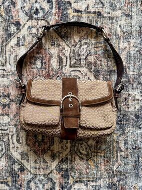 Coach Soho Brown Signature Canvas and Brown Leather Shoulder Bag with Buckle